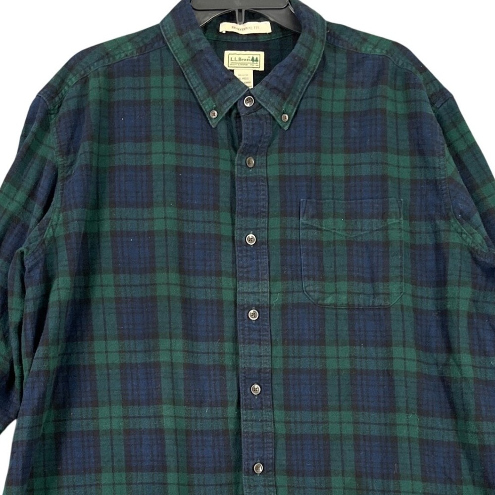 LL Bean Flannel Button Down Mens XL Black Watch Plaid Traditional Fit Casual
